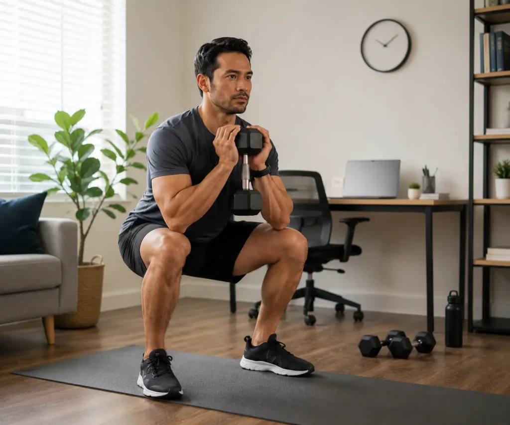 Busy professional completing a short full body workout at home