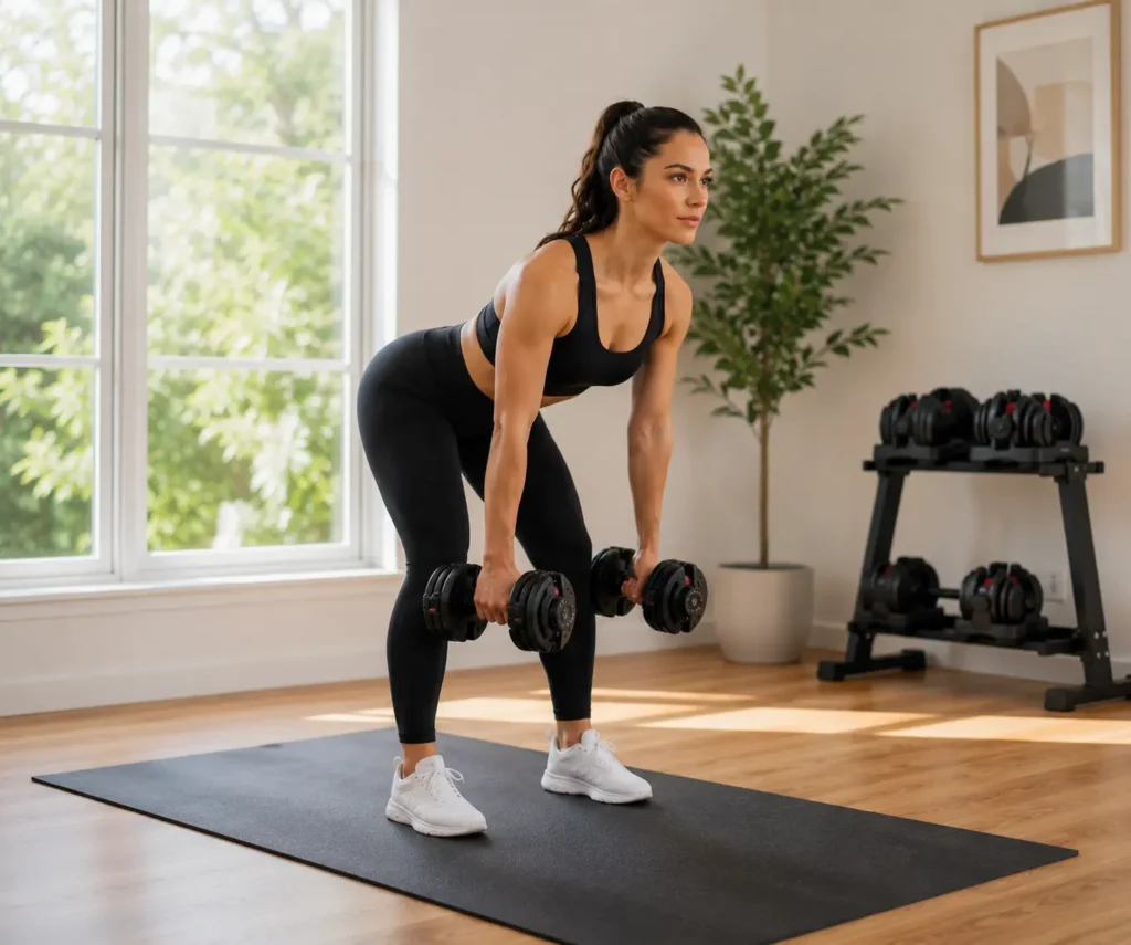 Beginner performing an at-home full body workout with dumbbells