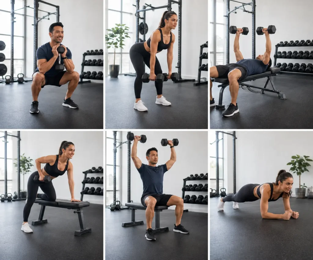 Full body workout movement patterns including squat, hinge, push, pull, and core exercises