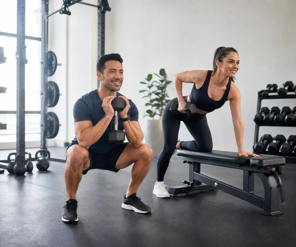 Beginner man and woman performing a full body workout in a modern gym