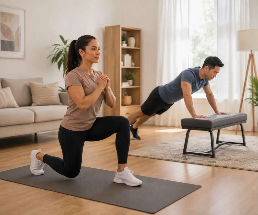 Fitness trainer helping a beginner use safe form during a full body workout
