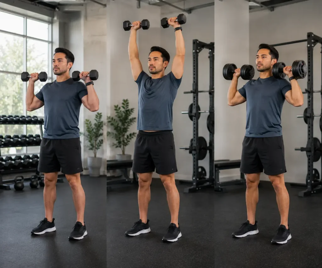 Progressively heavier dumbbells used to increase full body workout difficulty