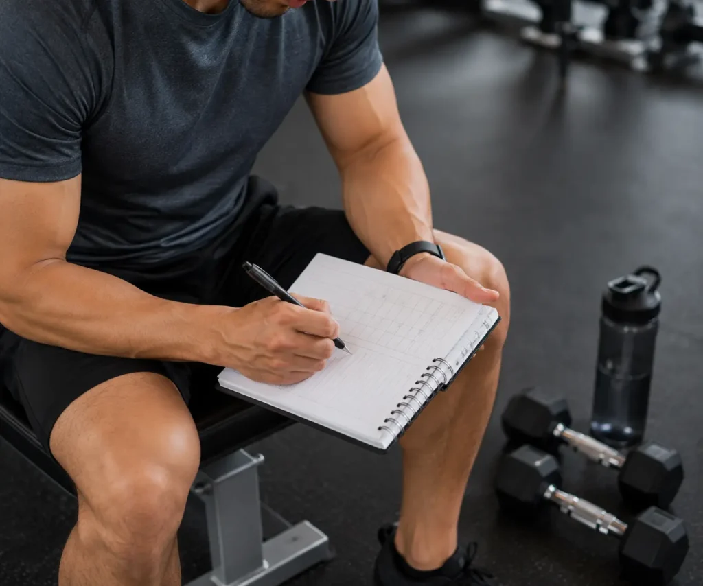Person recording full body workout sets and repetitions in a training log