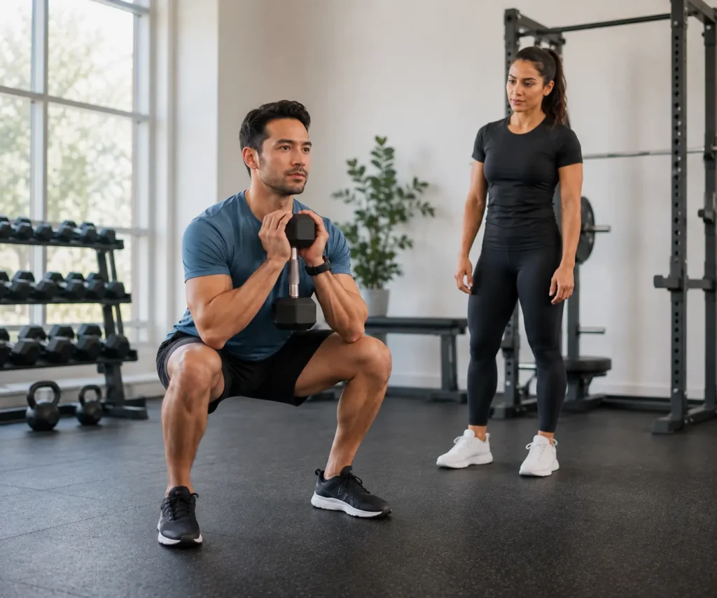 Beginner performing a controlled full body weightlifting workout in a gym