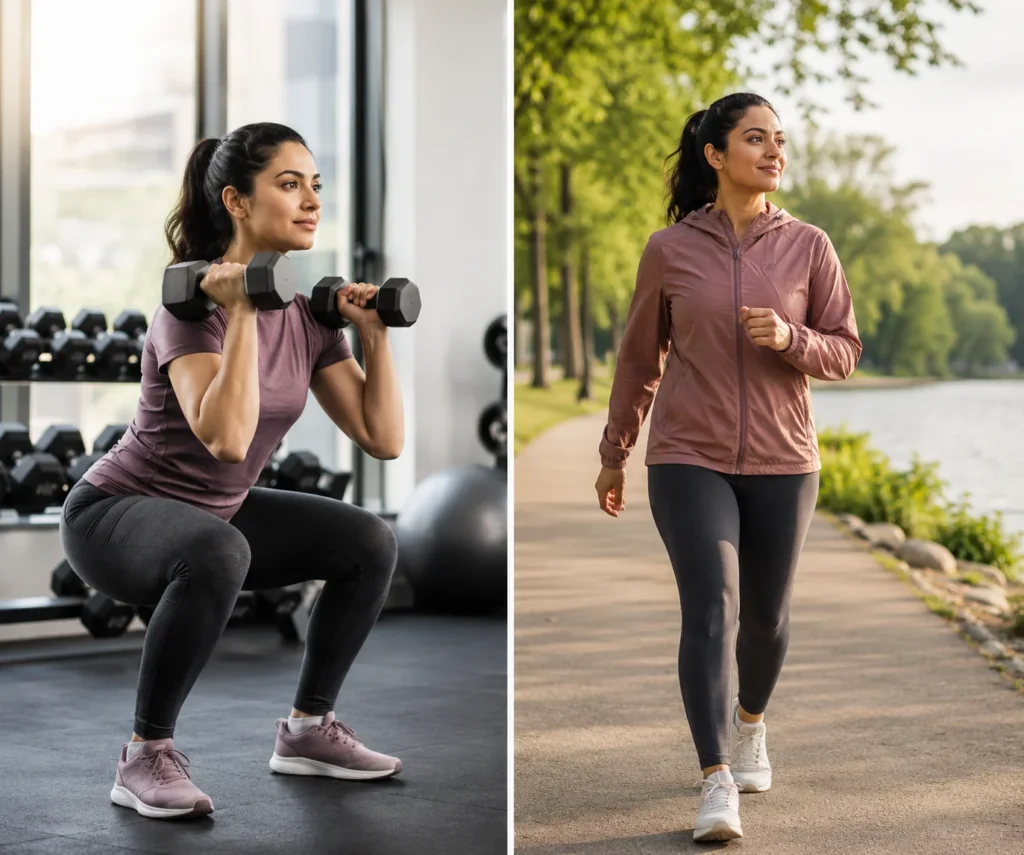 Adult combining full body strength training with moderate cardio